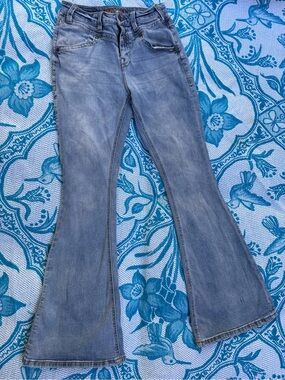 Rock & Roll Denim High Rise Flare Jeans 28x34 Western V-Yoke Medium Wash